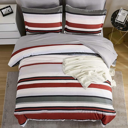 WONGS BEDDING Comforter Full Size, Red Bedding Comforter Set for Full Bed, Striped Bed in a Bag Full Size Comforter Sets for All Season 90"×78"