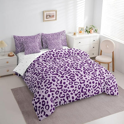 Feelyou Cute Leopard Bedding Set for All Season Cheetah 7 Pieces Comforter Sets Queen Size Teens Room Decor Purple Animal Print Bed in a Bag with Comforter, Sheets, Pillowcases & Cushion Cover