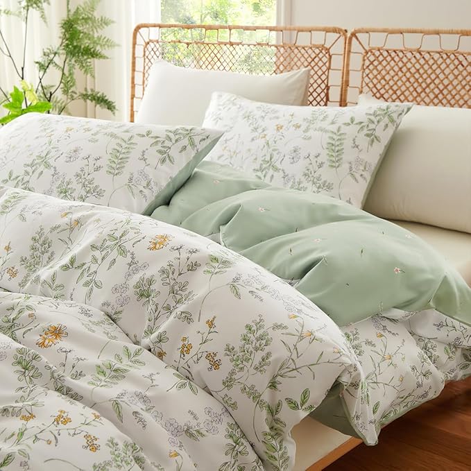 Botanical Comforter Set Queen Sage Green Reversible Floral Bedding Set Farmhouse Leaf Bedding 3Pcs Modern Aesthetic Comforter with 2 Pillowcases Ultra Soft Breathable