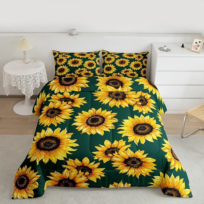 Erosebridal Sunflower Comforter Set Full Size 3D Floral Bedding Set for Kids Girls Women Adult Yellow Floral Down Comforter Botanical Flower Print Green Quilt Set Blossom Garden Duvet Set