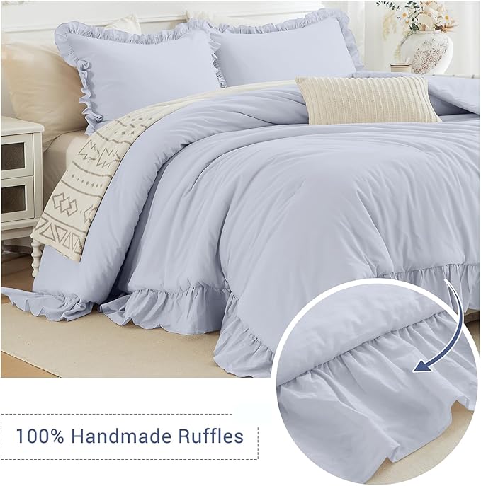 CozyTide Ruffled Comforter Set for Queen Bed,Cotton Farmhouse Shabby Boho Chic Bedding Set Lightweight Ultra Soft French Country Vintage Bedding (1 Cornflower Blue Comforter +2 Pillowcases)