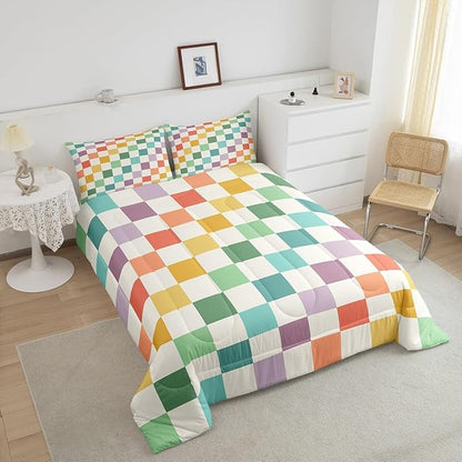 Feelyou Multicolored Checkered Retro Bedding Set Kids Boys Girls Geometric Vintage Comforter Set Full Size Green Yellow Colorful Duvet Insert Modern Simple Groovy Aesthetic Room Decor
