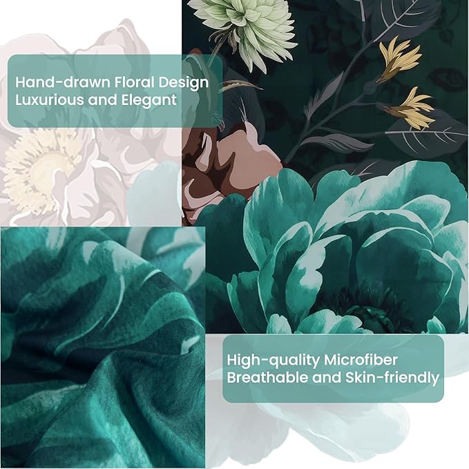 WONGS BEDDING Floral Comforter Set Queen Size, 7 Pieces Teal Bed in a Bag Comforter Bedding Set, Soft Microfiber for All Season with Pillowcases & Shams,Sheets(90"×90")