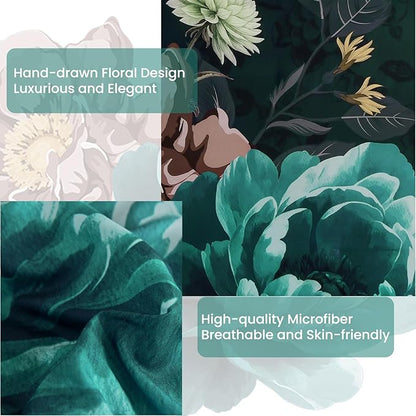 WONGS BEDDING Floral Comforter Set Queen Size, 7 Pieces Teal Bed in a Bag Comforter Bedding Set, Soft Microfiber for All Season with Pillowcases & Shams,Sheets(90"×90")