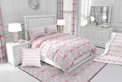 Erosebridal Cute Bow Bedding Set for Girls Kids Teen,Pink Cherry Bowknot King Comforter Set Kawaii Girly Ribbon Bow Down Comforter Pink White Geometric Plaid Bow Bed Set