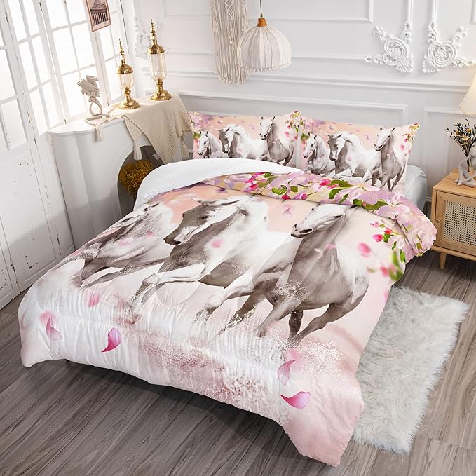 HOSIMA Horse Bedding - Pink Cherry Blossom Printed Queen Comforter Set With 2 Pillowcases - 3D Farm Wild Animal Pattern for Girls and Teens - Western Bedding Set Theme