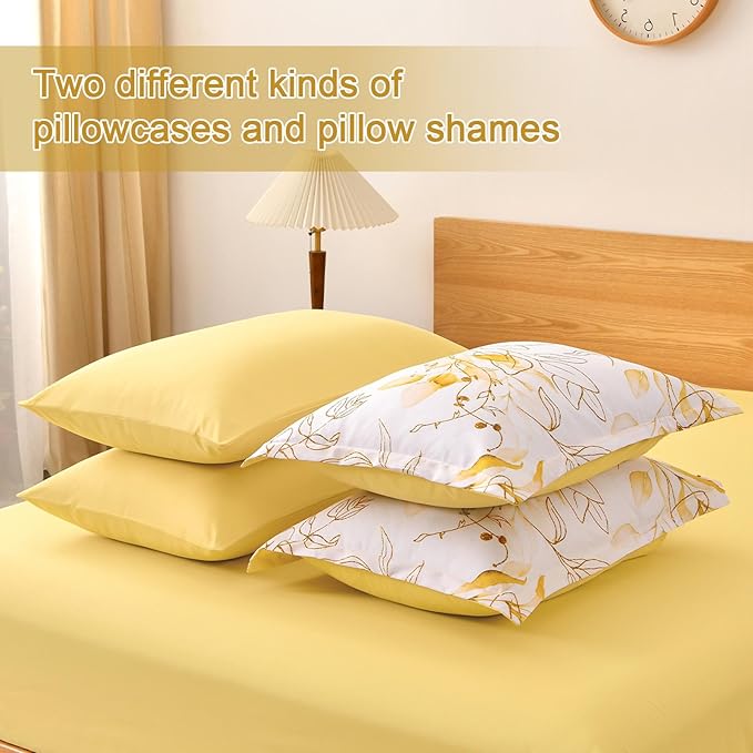 WONGS BEDDING Yellow Comforter Set King, 7 Pieces Botanical Bed in a Bag Comforter Gloden Leaves Bedding Set Soft Microfiber King(1 Comforter,2 Pillowcase,2 Pillow Shams,1 Flat Sheet,1 Fitted Sheet)
