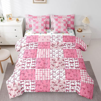 Feelyou Bow Comforter Set with Sheets King Size Kids Pink Bowknot Plaid 7 Pieces Bedding Set for Boys Girls Teens Gift for Girls Women Grid Bed in a Bag Breathable Princess Décor Bed Set