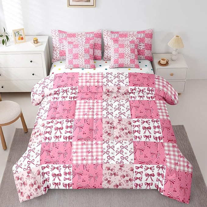 Feelyou Bow Comforter Set with Sheets Full Size Kids Pink Bowknot Plaid 7 Pieces Bedding Set for Boys Girls Teens Gift for Girls Women Grid Bed in a Bag Breathable Princess Décor Bed Set