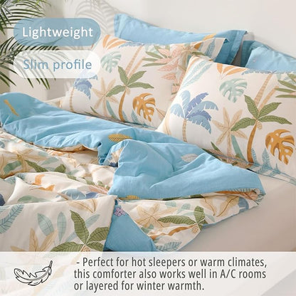 Tropical Coastal Blue Cotton Comforter King Size 3Pcs - Bright Orange, Olive Green & Beige Palm and Leaf Patterns, Botanical Lightweight Reversible Bedding Sets with Soft Fill(104"×90")