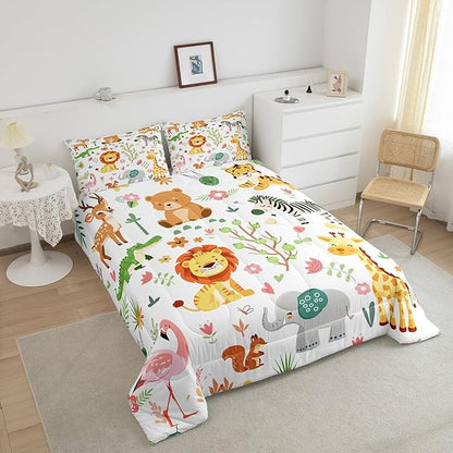Feelyou Twin Size Cartoon Lions Giraffe Comforter Set Zoo Animals Bedding Set Flamingo Zebra Comforter for Kids Boys Girls Kawaii Animals Duvet Insert 2Pcs