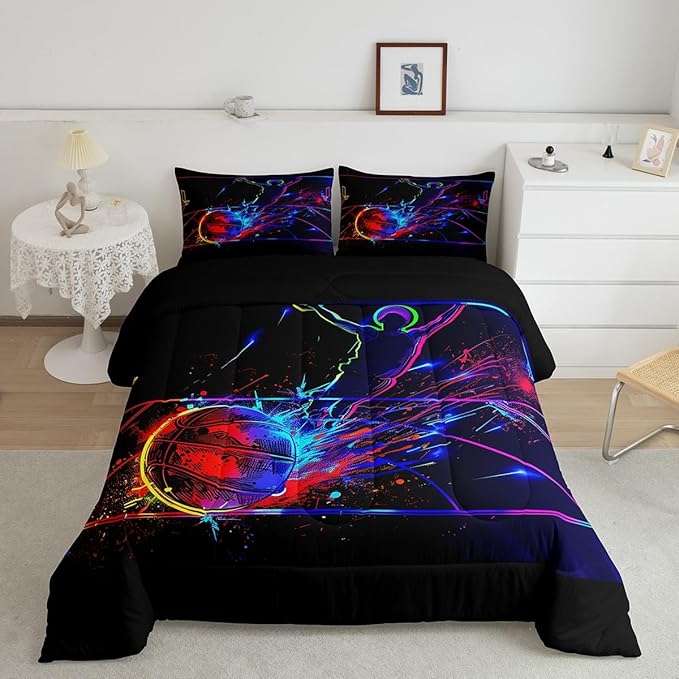 Erosebridal Basketball Comforter Set Queen 3D Sports Bedding Sets for Boys Teens Kids Men Tie Dye Fire and Ice Comforter Player Sport Game Warm Soft Lightweight Red Blue Quilt Set, Black