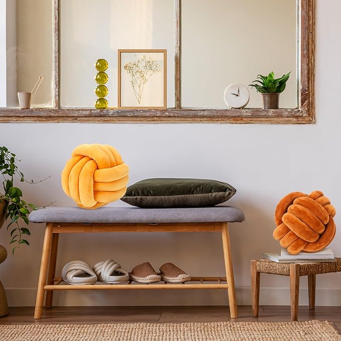 Namalu 2 Pcs Soft Knot Pillow Ball, Decorative Round Throw Knotted Pillows Cushion, Handmade Stuffed Ball Pillows for Winter Bedroom Sofa Couch Home Decor(7.87 Inches,Caramel Color)