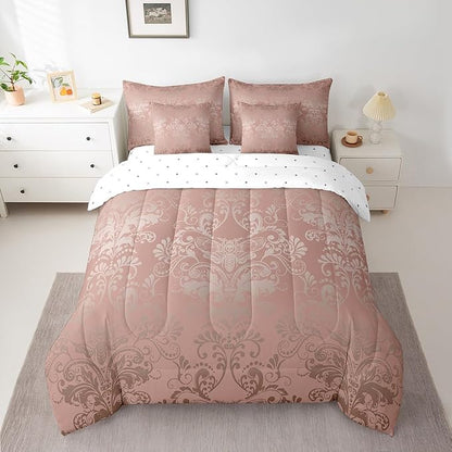 Erosebridal Gothic Damask Bed in a Bag King Size Comforter Set 7 Pieces,Exotic Moth Bedding Sets Light Pink Victorian Floral Goth Sheet Set with Comforter