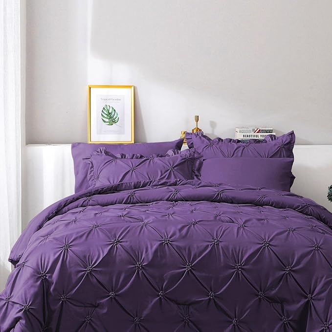 JOLLYVOGUE Purple Cal King Size Comforter Sets 7 Pieces, Pintuck Bed in a Bag Comforter Set for Bedroom, Bedding Comforter Sets with Comforter, Sheets,Ruffled Shams & Pillowcases