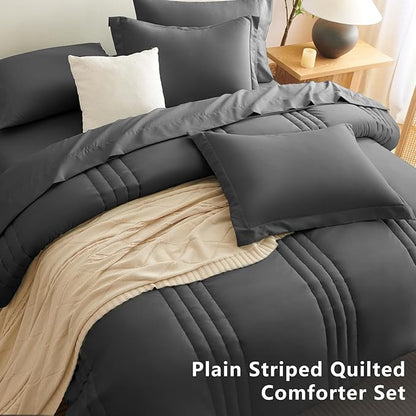 CozyLux California King Size Comforter Set - 7 Pieces Bed in a Bag Dark Grey Comforter Set with Sheets Cal King, Soft Bedding Set with Down Alternative Comforter, Sheets, Pillowcases & Shams