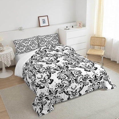 Feelyou Adults White Vintage Damask Floral Comforter Set Oriental Antique Comforter Twin Size Gothic Bohemia Boho Flower Bedding Set Gothic Skull Duvet Set Quilt Set 2Pcs