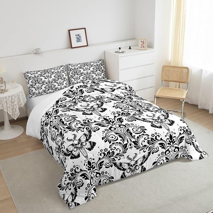 Feelyou Adults White Vintage Damask Floral Comforter Set Oriental Antique Comforter Queen Size Gothic Bohemia Boho Flower Bedding Set Gothic Skull Duvet Set Quilt Set 3Pcs