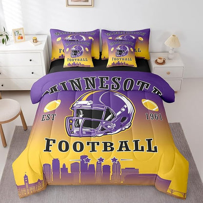 Erosebridal Football Comforter Set with Sheets American Soccer City 7 Piece Bedding Set Sports Rugby Competitive Games Bed in A Bag King Size for Kids Boys Teen,Purple Yellow Bed Set