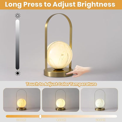 Portable Rechargeable Table Lamp with Marble Pattern Glass Shade – Gold Plated Metal Frame, Cordless LED Desk Light for Bedroom, Nursery, Camping
