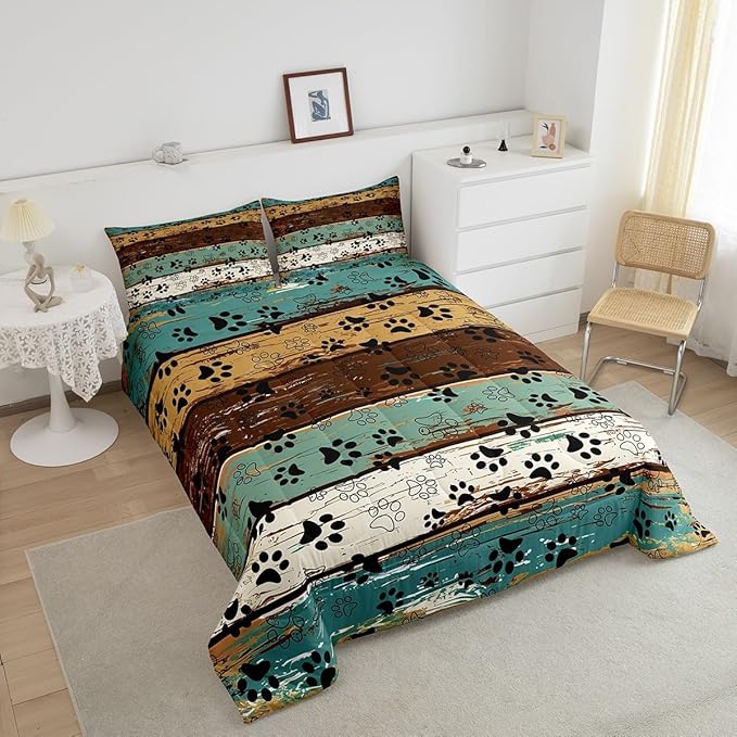 Manfei Dog Paw Print Comforter Set Full Size, Animal Theme Bedding Set for Kids Boys Girls Room Decor, Farmhouse Blue Brown Wooden Plank Down Comforter, Soft Polyester Quilt Set,2 Pillowcases