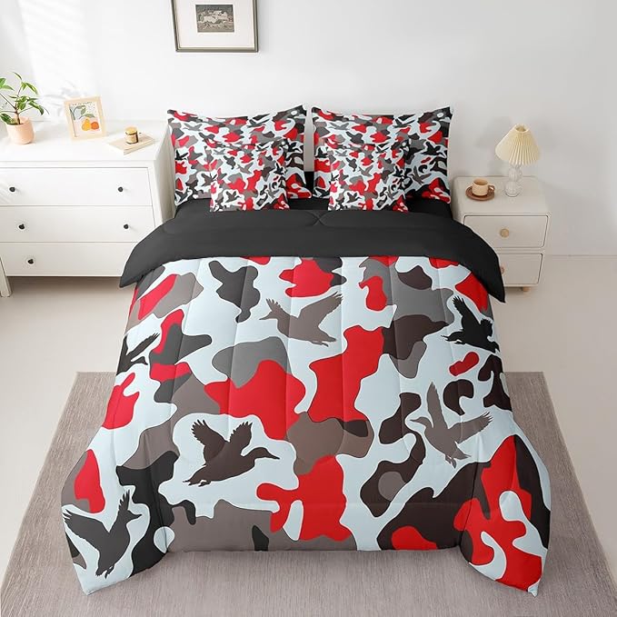 Erosebridal Farmhouse 7 Pcs Bed Set Twin Size Camo Bedding for Kids Army Camouflage Hunting Bed in A Bag Sheet Set Vintage Red Grey Bedroom Decor Wild Animal Duck Rustic Comforter Set