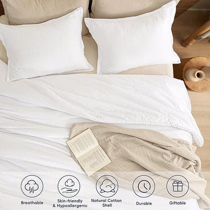 PHF Cotton Muslin Comforter Set King Size, Ultra Soft, Breathable & Lightweight All-Season Bedding, Filling: 100% Polyester, 3 Pieces with 1 Comforter 104"x90" and 2 Pillow Shams 20"x36", White