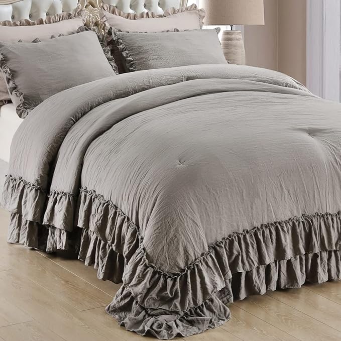 Masaca Gray Ruffled Comforter Set King,Farmhouse Shabby Boho Chic Bedding Comforter Lightweight Fluffy Aesthetic Vintage Rustic Bedding 3 Pieces (1 Ruffle Comforter and 2 Pillowcases)
