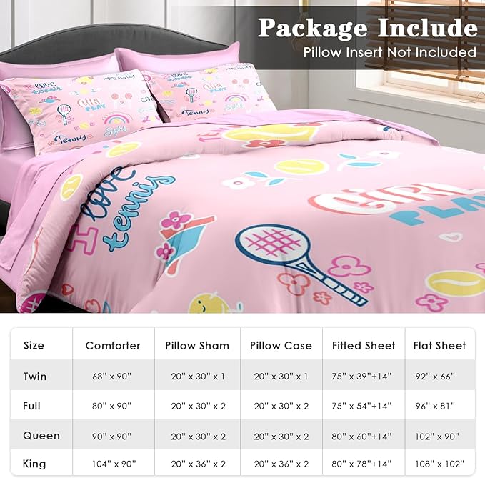 Comforter Set Full Size, Cute Tennis Pink 7 Pcs Bedding for Kids and Adults, Rainbow Ball Flower Bed Sheet Sets with Fitted Sheet 2 Pillowcases & 2 Shams for Bedroom Bed Decor