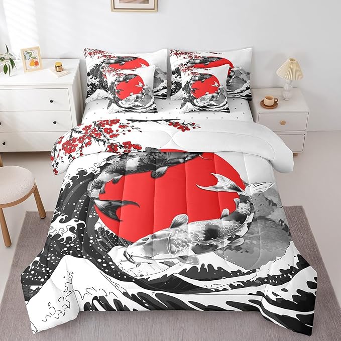 Erosebridal Mount Fuji Bed in a Bag Twin Size Japanese Style Koi Fish Duvet Insert Ukiyo-E Theme 7 Piece Comforter Set Mountain Cherry Blossom Red Sun Ink Painting Flat Fitted Sheet,Black White
