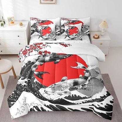 Erosebridal Mount Fuji Bed in a Bag King Size Japanese Style Koi Fish Duvet Insert Ukiyo-E Theme 7 Piece Comforter Set Mountain Cherry Blossom Red Sun Ink Painting Flat Fitted Sheet,Black White
