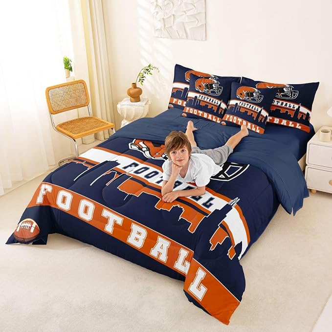 Erosebridal Football 7 Pcs Comforter Set Queen Football City Bedding for Men Blue Orange Football Fans Sheet Set Bed in A Bag Rugby Game Room Decor Sports Ball Competition Quilt