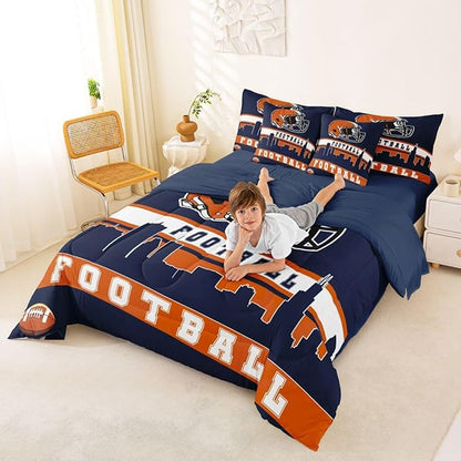 Erosebridal Football 7 Pcs Comforter Set Twin Football City Bedding for Men Blue Orange Football Fans Sheet Set Bed in A Bag Rugby Game Room Decor Sports Ball Competition Quilt