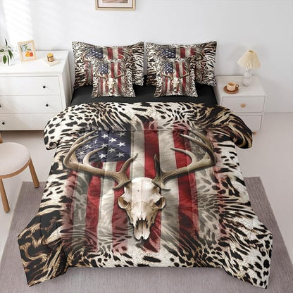 Erosebridal Deer Skull 7 Pcs Comforter Set King Size,Hunting Deer Bed in a Bag for Kids Boys Girls,Cheetah Leopard Print Sheet Set,Abstract American Flag Quilt Set,Africa Wild Animals Bedding Set