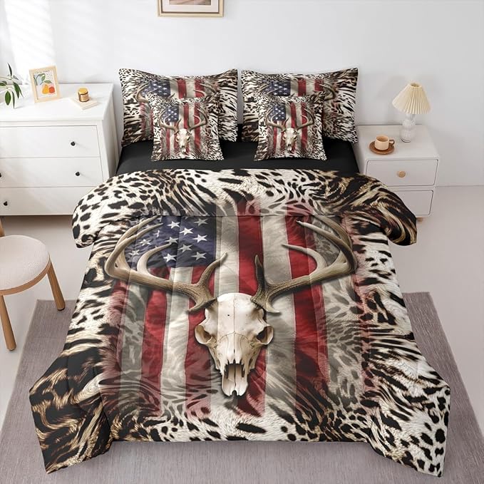 Erosebridal Deer Skull 7 Pcs Comforter Set Twin Size,Hunting Deer Bed in a Bag for Kids Boys Girls,Cheetah Leopard Print Sheet Set,Abstract American Flag Quilt Set,Africa Wild Animals Bedding Set