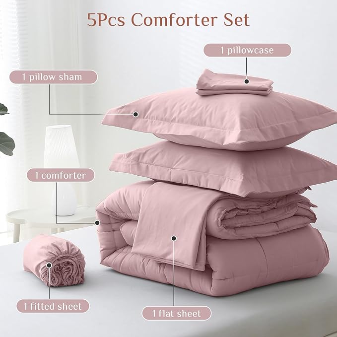 JOLLYVOGUE Twin Comforter Set, Ultra-Soft Bed in a Bag Twin Size 5 Pieces, Oeko-TEX Certified Bedding Set with Down Alternative Comforter, Sheets, Pillowcases & Shams, Camio Pink