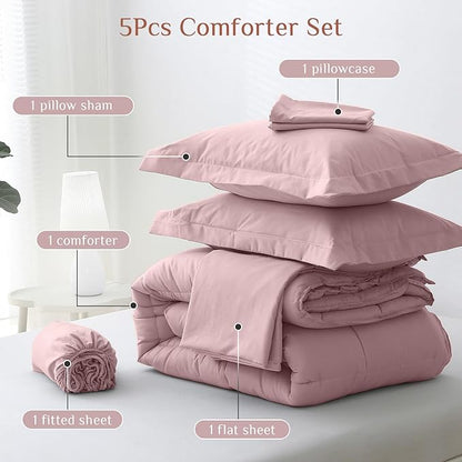 JOLLYVOGUE Twin Comforter Set, Ultra-Soft Bed in a Bag Twin Size 5 Pieces, Oeko-TEX Certified Bedding Set with Down Alternative Comforter, Sheets, Pillowcases & Shams, Camio Pink