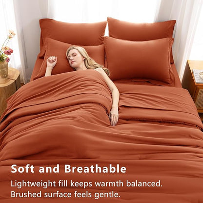 CozyLux Full Comforter Set Burnt Orange, 7 Pieces Bed in a Bag Terracotta Comforter Set with Sheets, All Season Boho7PC Bed Sets with Comforter, Fitted Sheet, Flat Sheet, Pillow Shams and Pillowcases