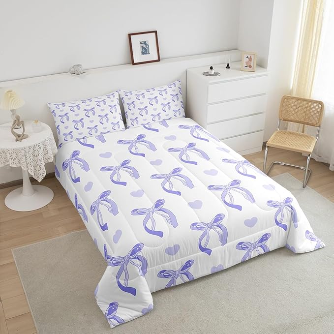 jejeloiu Cute Purple Bow Bedding Set Twin Size Ribbon Bow Comforter Set for Kids Women Cartoon Love Heart Duvet Set Purple White Quilt Set 2Pcs