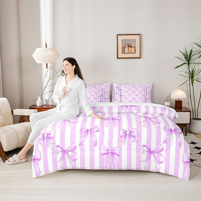 Erosebridal Bowknot White Purple Girls Kawaii Full Comforter Set 7 Pieces | Geometric Bed in A Bag for Bedroom Cute Bow Bedding Set with Comforters Stripe Room Decor