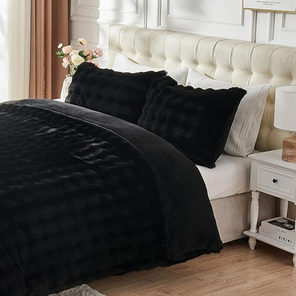 Lotus Karen Faux Fur Full Comforter Set, Black Fluffy Big Bubble Faux Rabbit Fur Winter Comforter Sets, Warm Cozy Fuzzy Bed Set 3 Pieces, 1 Comforter and 2 Pillowcases