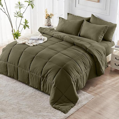 JOLLYVOGUE Twin Comforter Set, Ultra-Soft Bed in a Bag Twin Size 5 Pieces, Oeko-TEX Certified Bedding Set with Down Alternative Comforter, Sheets, Pillowcases & Shams, Olive Green