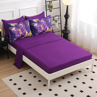 7 Piece Butterflies Comforter Set Full Size 3D Gold Violet Butterflies Bedding Set for Kids Girls Women for Birthday Christmas Gift