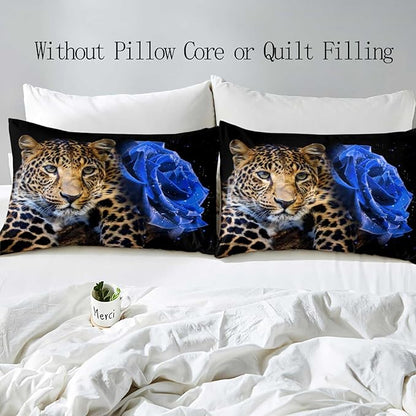 LUVIVIHOME 3PCS Leopard Duvet Cover King Bedding Set, Floral Duvet Cover, Royal Blue Rose Flower Cheetah Wild Animal Black Comforter Bedspread Quilt Cover, Romantic Gifts for Him Men, 2 Pillow Shams