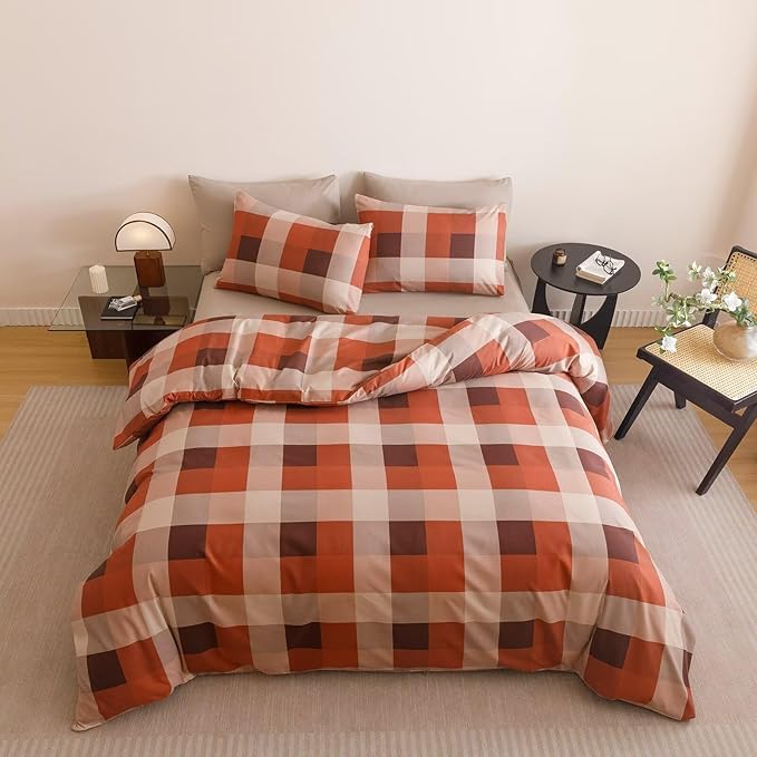 Cottonight Checkered Red Comforter Set Twin Gingham Grid Bedding Set Red and Khaki Grid Comforter Fluffy Soft Bedding Set Kids Teens Twin Comforter with 2 Pillowcases