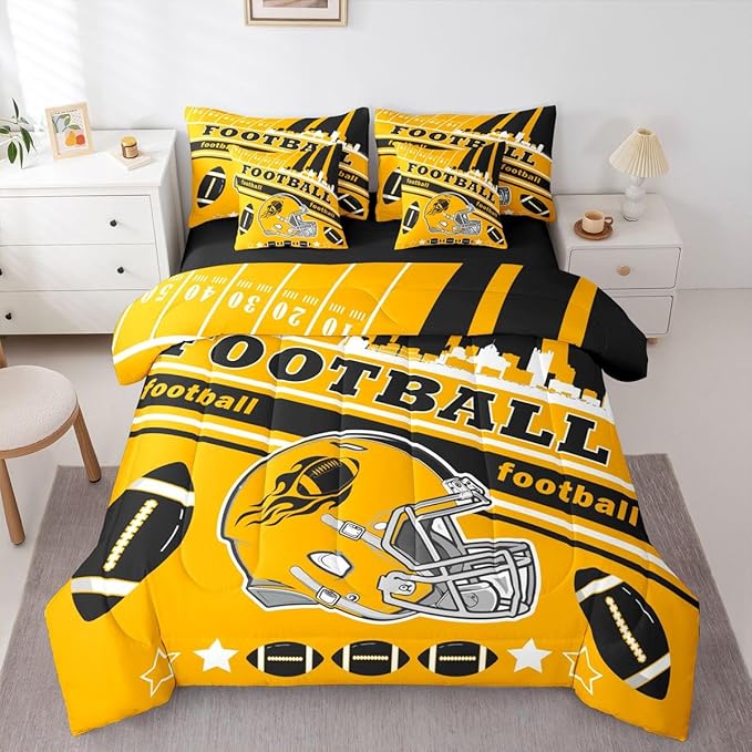 Feelyou Football 7 Pieces Comforter Sets King Size Kids Rugby Sports Bedding Set for All Season Football City Bed in a Bag with Comforter, Sheets, Pillowcases & Cushion Cover