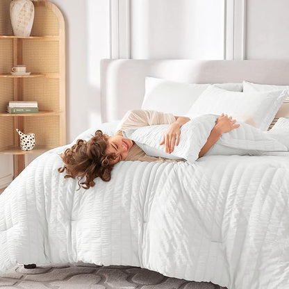 MUXHOMO 5 Pieces Twin XL Comforter Set, Seersucker Bed in a Bag Twin XL Size, All Season Luxury Bedding Set with Comforter, Flat Sheet, Fitted Sheet, Pillowcase & Sham, White