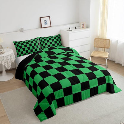 Feelyou Checkered Bedding Set Teen Women Men Green Black Plaid Comforter Set Queen Size Kids Boys Girls Cute Retro Neutral Checkerboard Geometric Duvet Insert Vintage Aesthetic Room Decor
