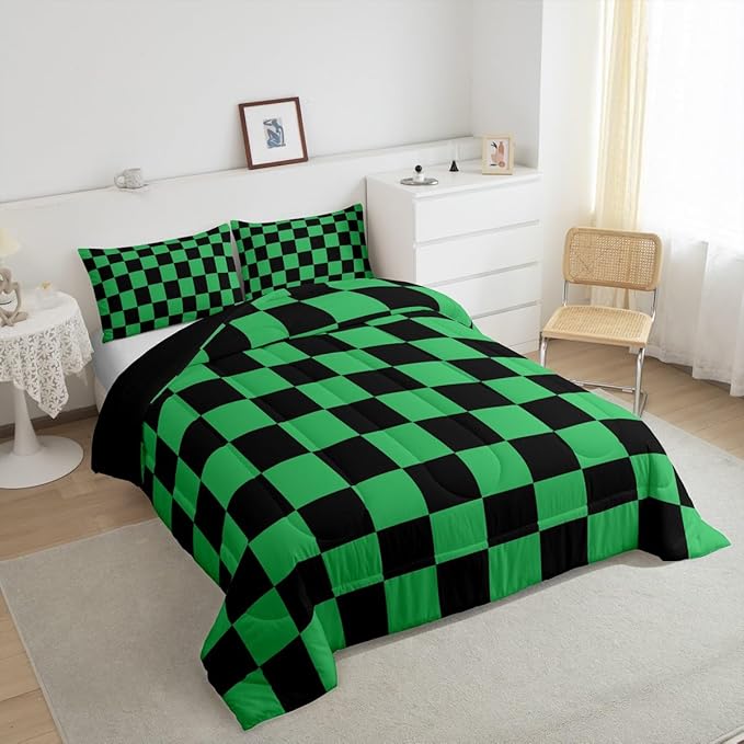 Feelyou Checkered Bedding Set Teen Women Men Green Black Plaid Comforter Set Toddler Size Kids Boys Girls Cute Retro Neutral Checkerboard Geometric Duvet Insert Vintage Aesthetic Room Decor