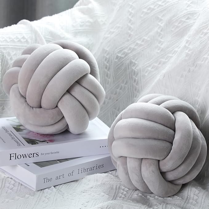 Namalu 2 Pcs Soft Knot Pillow Ball, Decorative Round Throw Knotted Pillows Cushion, Handmade Stuffed Ball Pillows for Winter Bedroom Sofa Couch Home Decor(10.6 Inches,Light Gray)